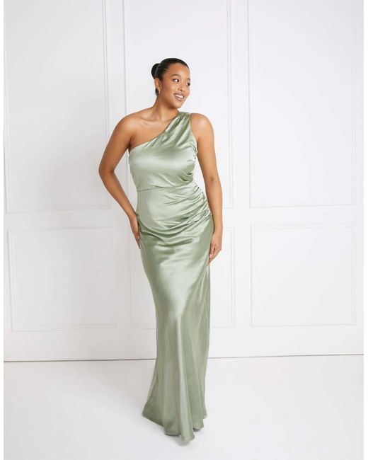Six Stories Green One Shoulder Satin Ruched Bridesmaid Dress