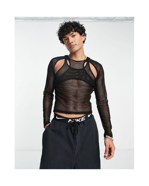 Reclaimed (vintage) Black Long Sleeve Mesh Top With Overlay for men