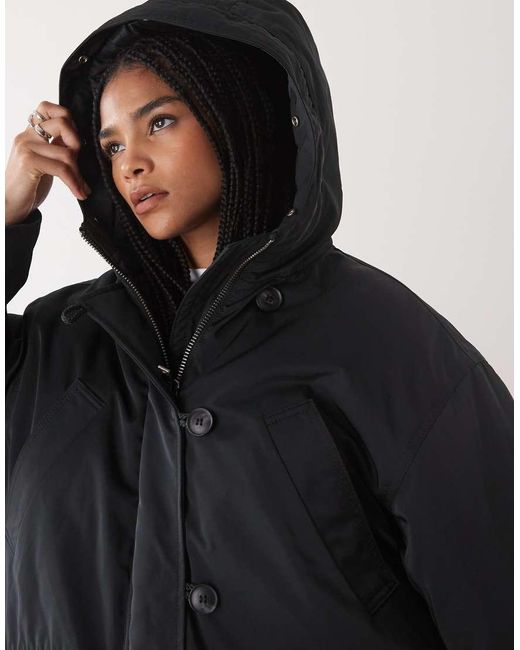 Weekday Black Oversized Parka Coat With Detachable Faux Fur Detail
