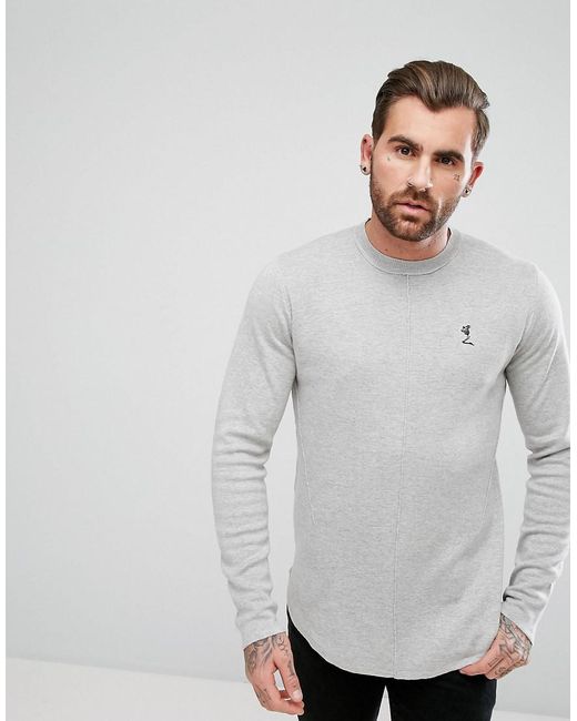 Religion Gray Longline Knitted Sweater With Curved Hem for men