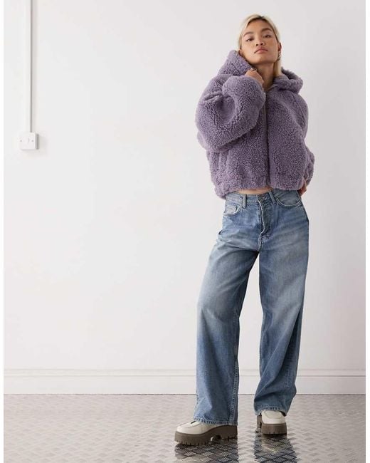 Monki Purple Zip Through Teddy Hooded Jacket