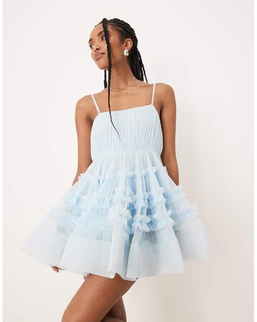 LACE \u0026 BEADS Tulle Ruffle Babydoll Bodysuit Mini Dress in Blue | Lyst UK