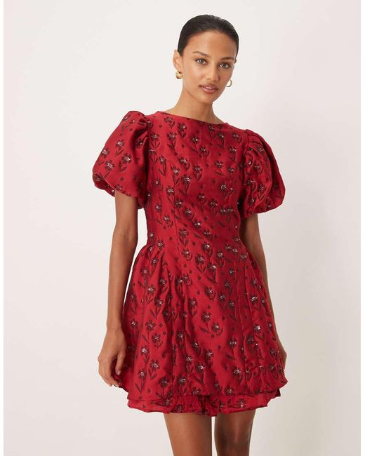 Sister Jane Red Floral Jacquard Puff Sleeve Mini Dress