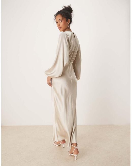 Gina Tricot Natural Satin Long Sleeve Midi V Neck Tie Front Ruched Detail