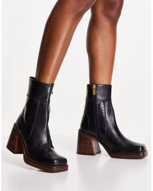 ASOS Wide Fit Region Leather Mid Heel Boots in Black | Lyst