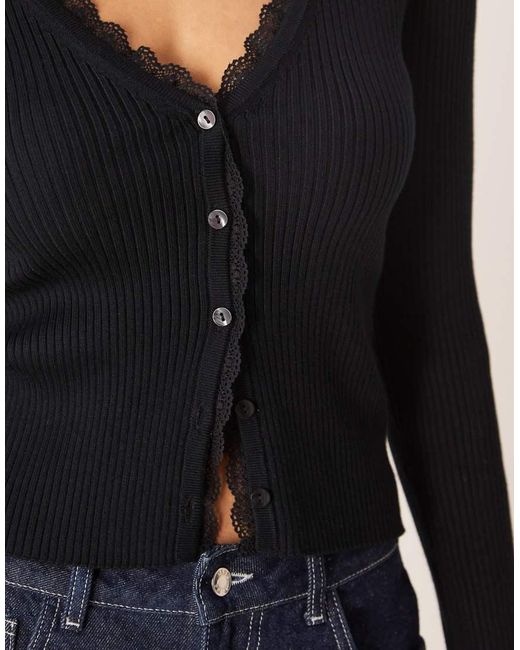 Abercrombie & Fitch Black Ribbed Cardigan With Lace Trim