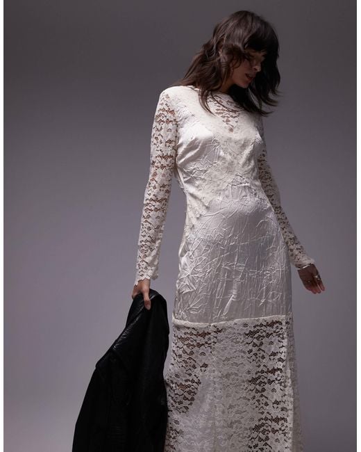 TOPSHOP White – langärmliges maxikleid aus geknittertem satin und spitze