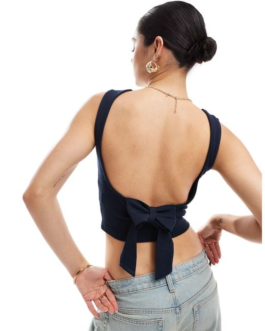 Stradivarius Blue Open Back Top With Tie Back