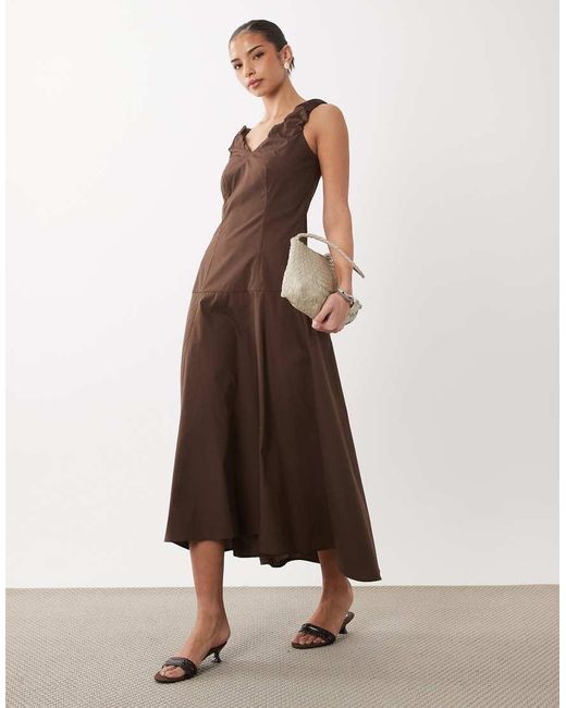 Vila Natural Drop Waist Cotton Maxi Dress With Ruched Straps