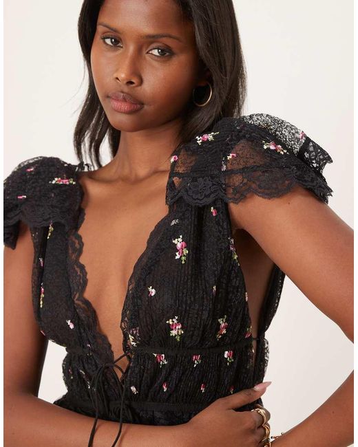 For Love & Lemons Natural Poppy Pleated Lace Maxi Dress