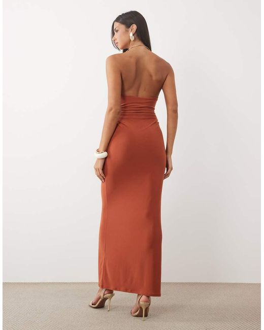 ASOS Red Slinky Cowl Neck Maxi Dress With Floral Neck Detail