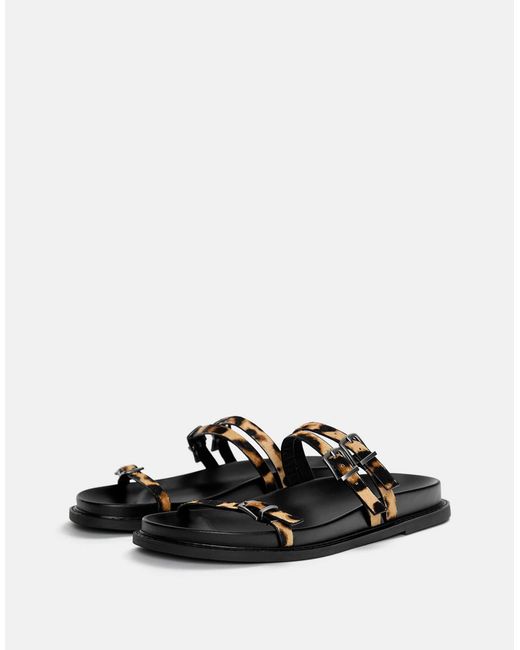 Pull&Bear Black – flache slider aus leder mit leopardenmuster
