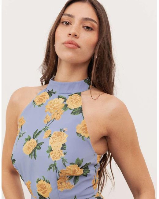 ANAYA Blue Floral Print Halter Neck Tiered Maxi Dress