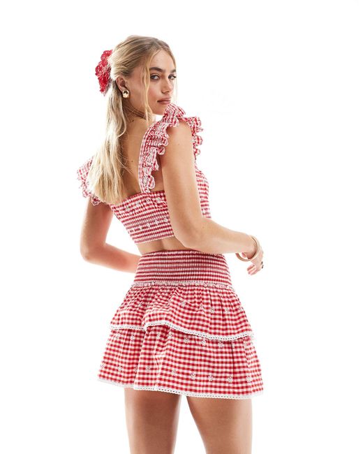 Mini-jupe d'ensemble étagée à carreaux vichy New Look en coloris Pink
