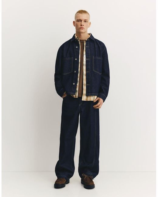 Pull&Bear Blue Denim Shirt With Pockets for men