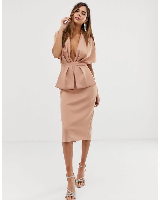 asos design structured plunge kimono midi dress with peplum