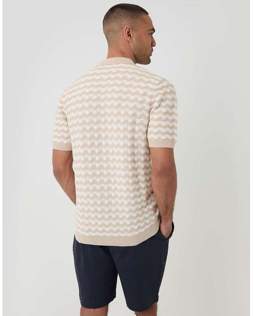 Threadbare Natural Wavy Stripe Textured Knitted Polo for men