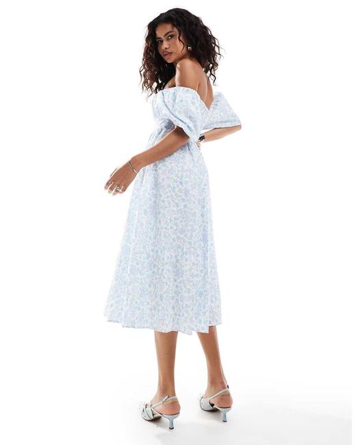 Urban Revivo Blue Soft Floral Puff Sleeve Midi Dress