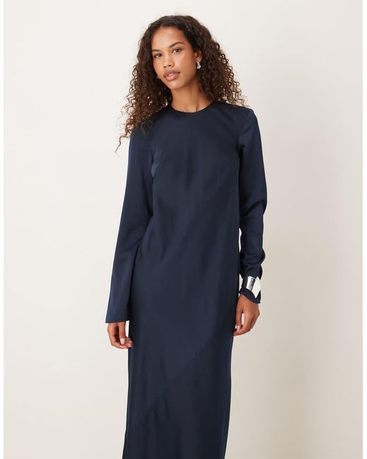 ASOS Blue Seamed Matt Satin Slip Maxi Dress