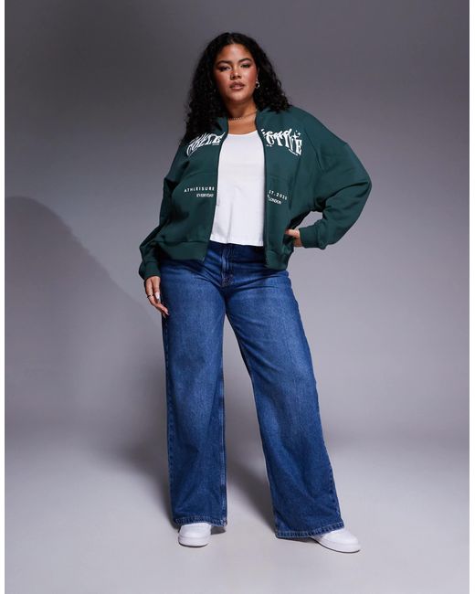 ASOS Blue Weekend Collective Curve Zip Through Hoodie With Mixed Font Graphic