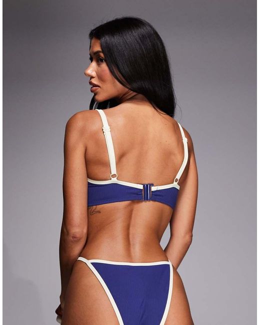 ASOS Blue Fuller Bust Ronnie Ribbed Contrast Binding Hidden Underwire Crop Bikini Top