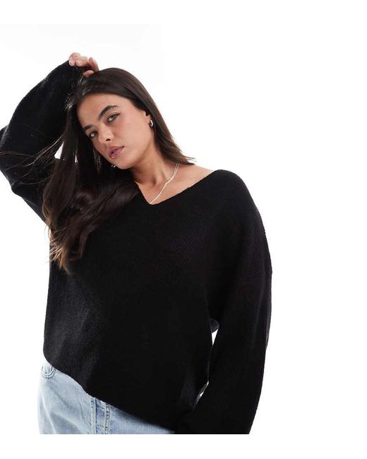 Jersey Holgado Con Cuello De Pico De Punto Mullido De Plus Threadbare de color Black