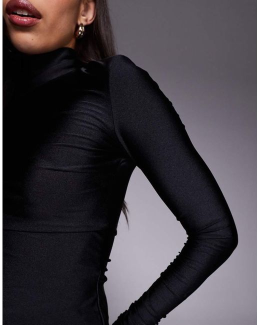 Ruched & Ready Black Sculpted High Neck Padded Shoulder Long Sleeve Mix And Match Top