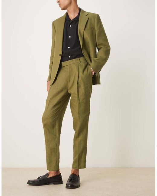 ASOS Green Premium 100% Linen Tapered Suit Trousers for men