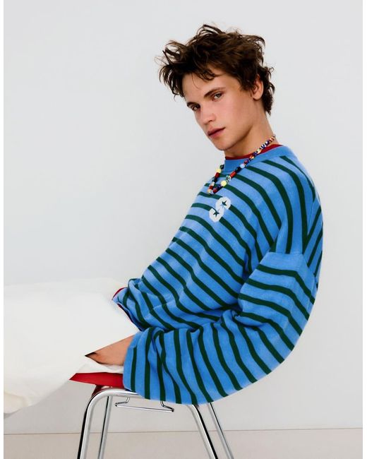 Bershka Blue Embroidered Striped Boxy Fit Jumper for men