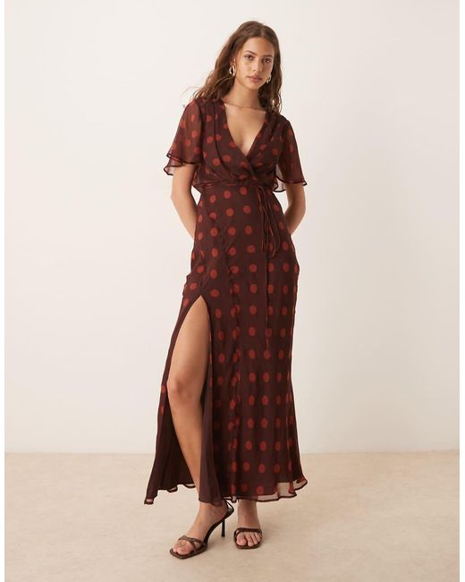 ASOS Brown Angel Sleeve Wrap Front Midi Dress With Seaming Details