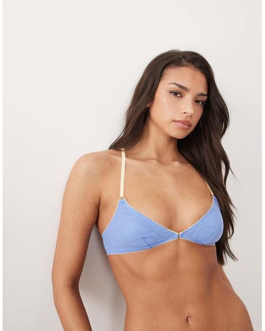 ASOS Blue Rikki Sheer Mesh Front Closure Triangle Bra With Contrast Trim