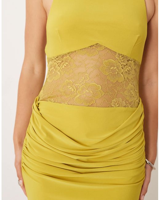 Robe longue nouée autour du cou avec encolure montante et empiècement en dentelle - agrume ASOS en coloris Green