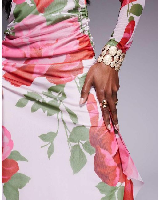 ASOS Multicolor Mesh Long Sleeve Frill Detail A Line Maxi Dress
