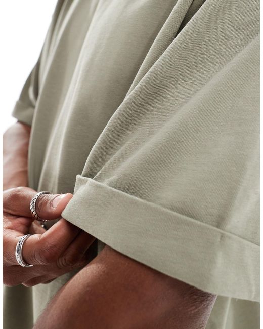 T-shirt épais oversize à manches retroussées - kaki ASOS pour homme en coloris Gray