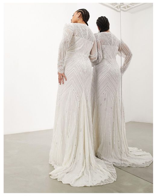 Asos design curve - millie - vestito da sposa a maniche lunghe color avorio con lavorazione vintage di ASOS in Natural