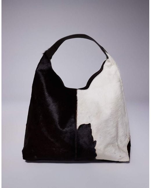 River Island Black Cow Print Leather 'hair On' Slouch Bag