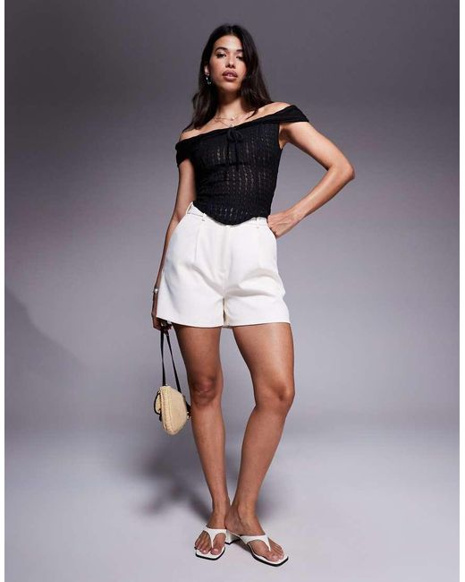 ASOS Black Texture Off The Shoulder Short Sleeve Top With Tie Detail