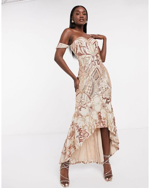 bariano high low bandeau maxi dress in metallic jacquard