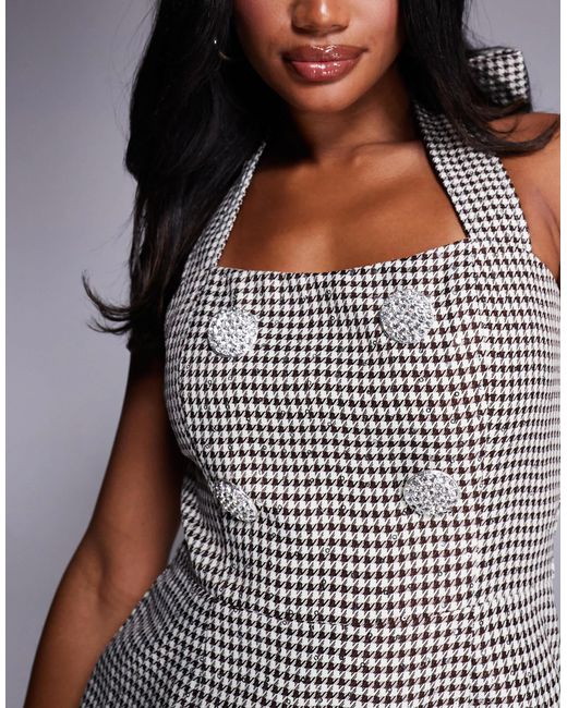 ASOS Gray Sequin Houndstooth Halter Mini Dress With Embellished Buttons