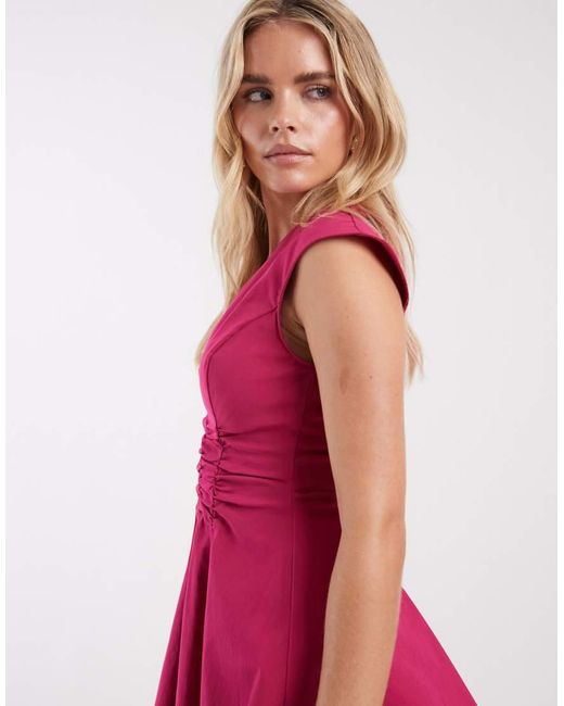 ASOS Pink Asos Design Petite V Neck Ruched Bengaline Mini Dress