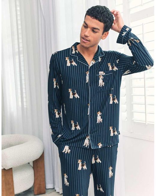 Chelsea Peers Blue Terrier Dog Stripe Print Long Pyjama Set for men