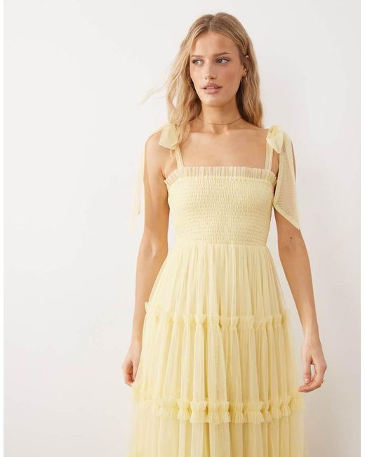 LACE & BEADS Natural Bridesmaid Bow Shoulders Tulle Midi Dress