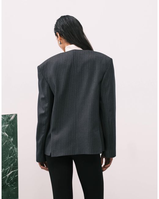 ASOS Blue Tailored Strong Shoulder Collarless Blazer