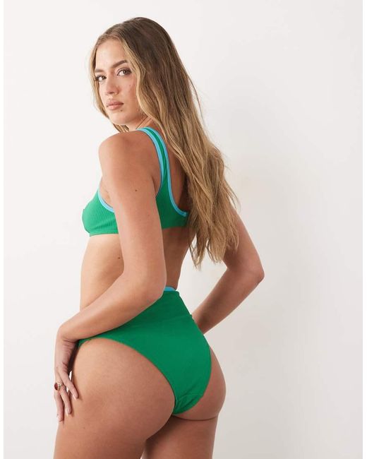 ASOS Green Ronnie Rib Contrast Binding Azores High Leg High Waist Bikini Bottom