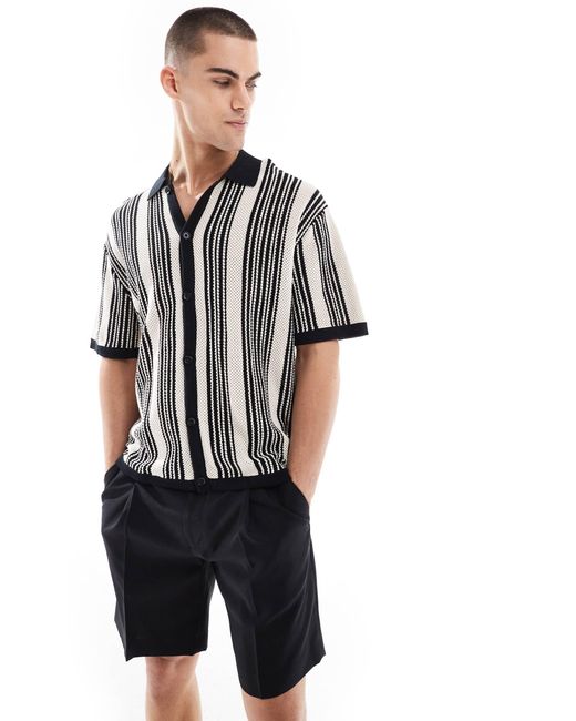 Bershka Black Knitted Button Through Stripe Shirt for men