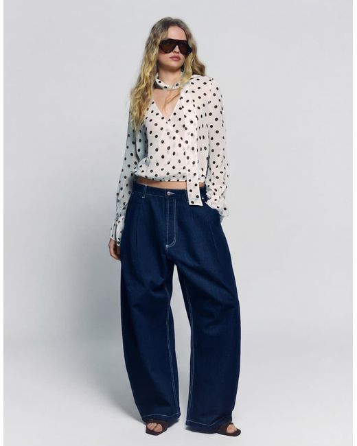 Bershka Blue Long Sleeve Crossover Scarf Blouse