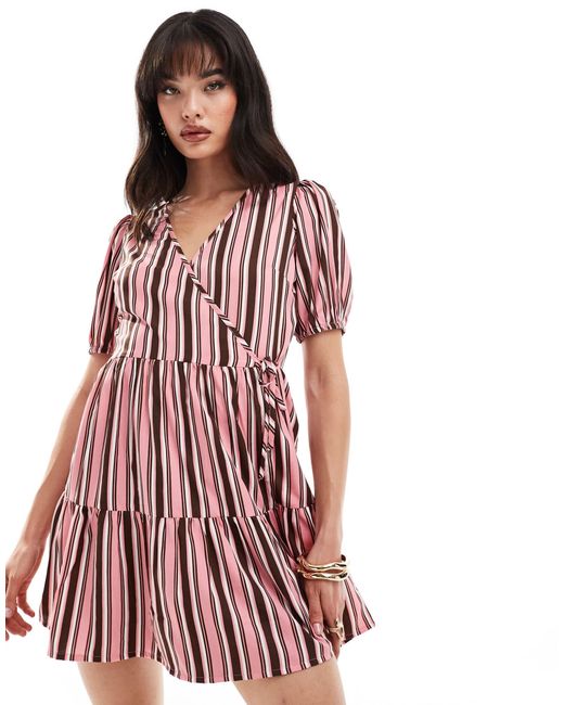 Wednesday's Girl Pink Striped Tiered Wrap Smock Dress