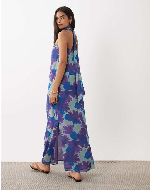 Mango Blue Teen Neck Detail Off Shoulder Maxi Dress