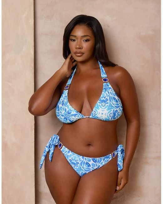 Moda Minx Curve Blue X Alessa Tyrrell-charles Mykonos Print Triangle Bikini Top