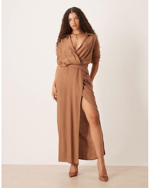 knee length dresses for ladies ASOS EDITION Twist Front Midi Shirt Dress With Cut Out Back In Kiwi Green main image 1
